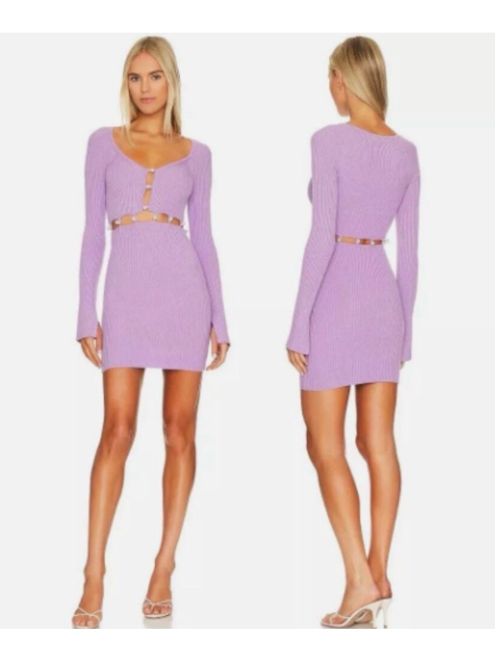 Lilac Long-Sleeve Cutout Knit Mini Dress
